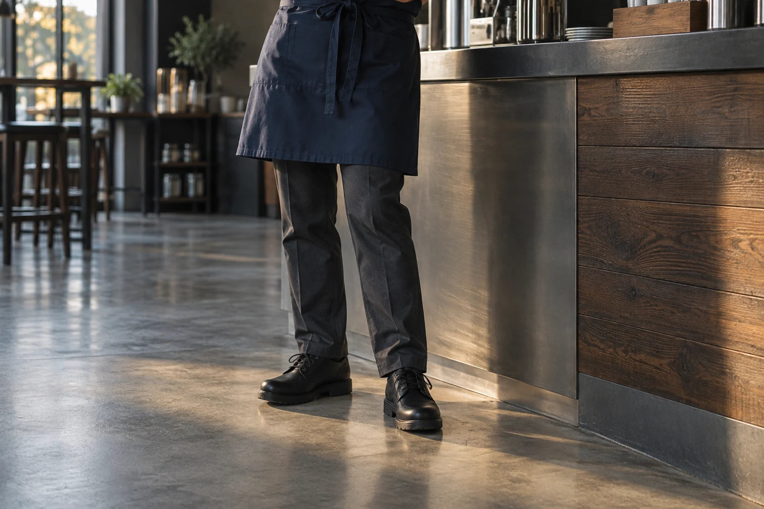 Work shoes on a hard floor beside a service counter