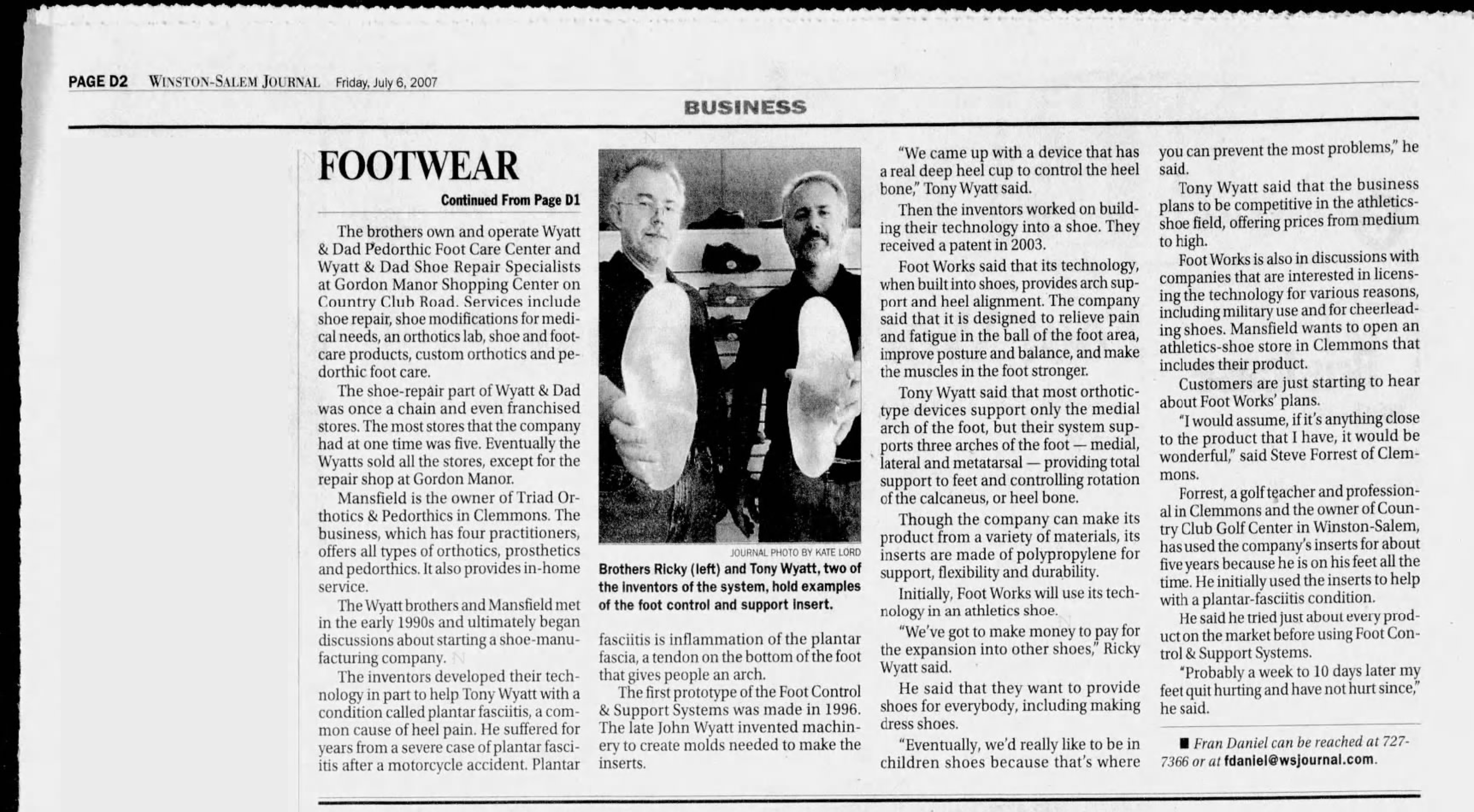 July 2007 Winston-Salem Journal feature on Tony and Ricky Wyatt, co-inventors of the Foot Comfort & Support System orthotic shell.