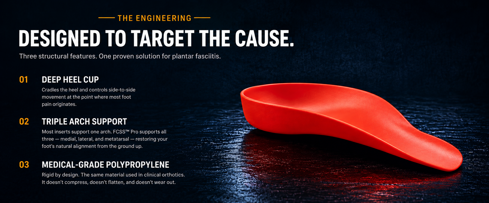 FCSS Pro engineering: deep heel cup, triple arch support, medical-grade polypropylene